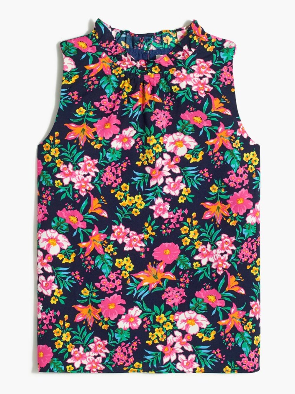 J. CREW Factory Printed Ruffleneck Top Navy Pink Floral Sleeveless Summer Work